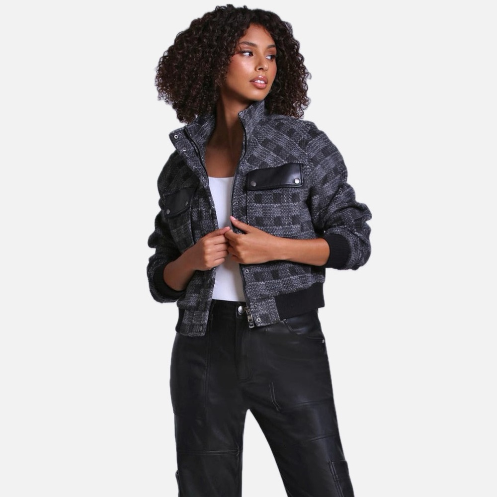 Bagatelle Collection plaid bomber jacket in black and gray